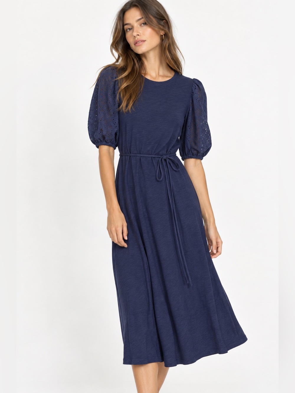 Boden Womens Broderie Mix Jersey Midi Dress 10 Navy Eyelet Puff Sleeve Coastal